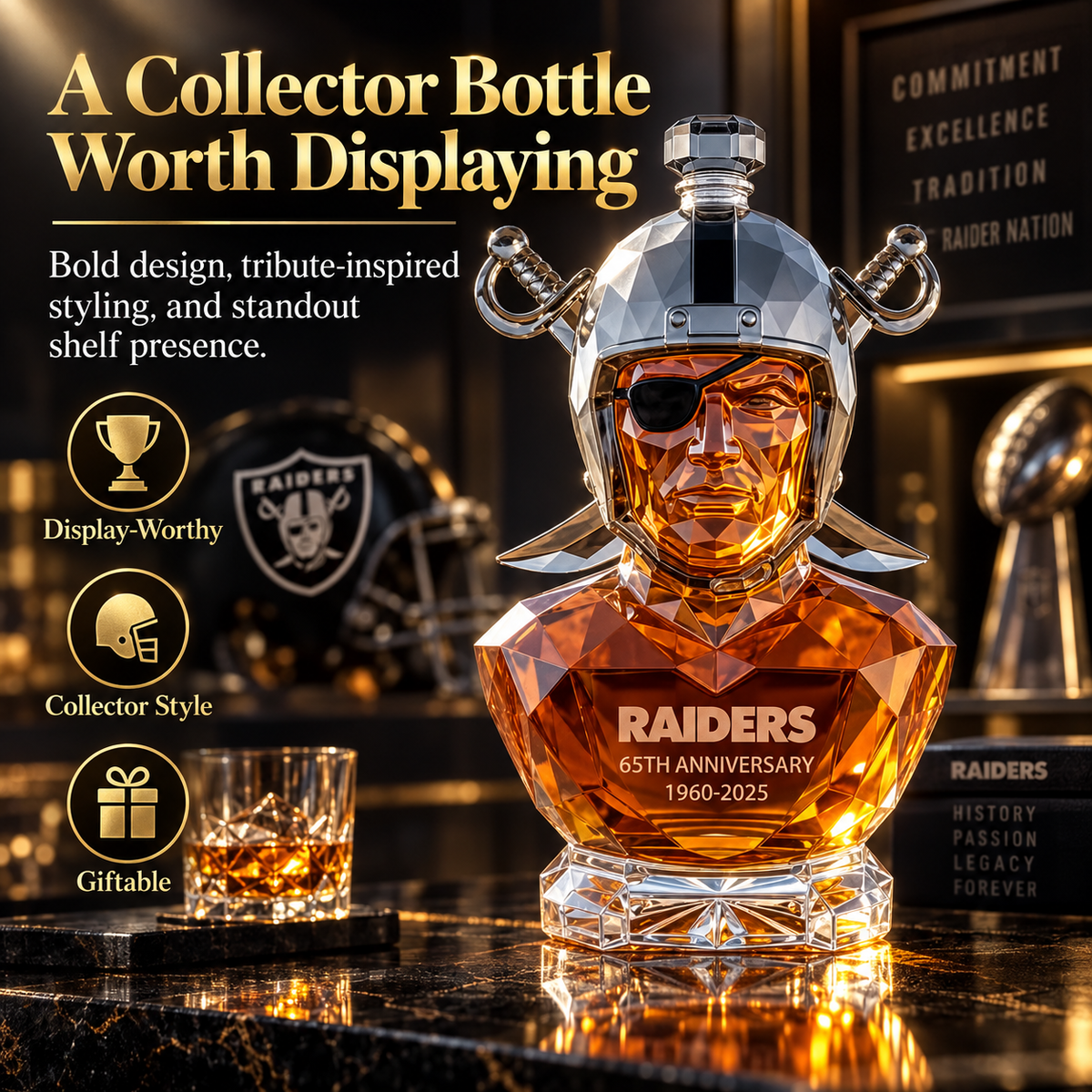 Raiders 65th Anniversary Collector Whiskey Bottle