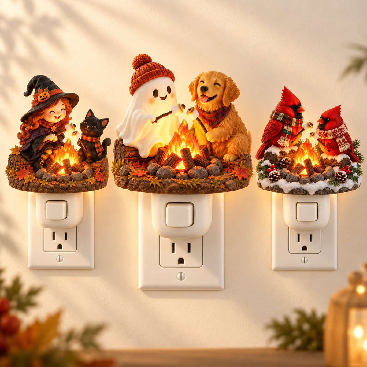 Three Campfire Companions plug-in night light designs