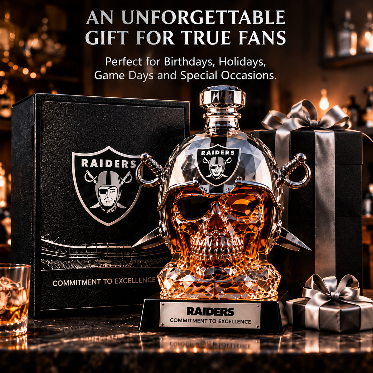 Adult football fans watching a game beside the skull decanter