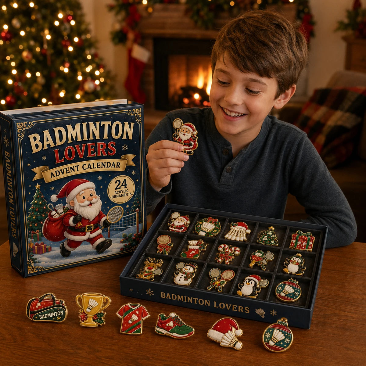 Child opening the Badminton Lovers Advent Calendar and holding a Santa badminton ornament