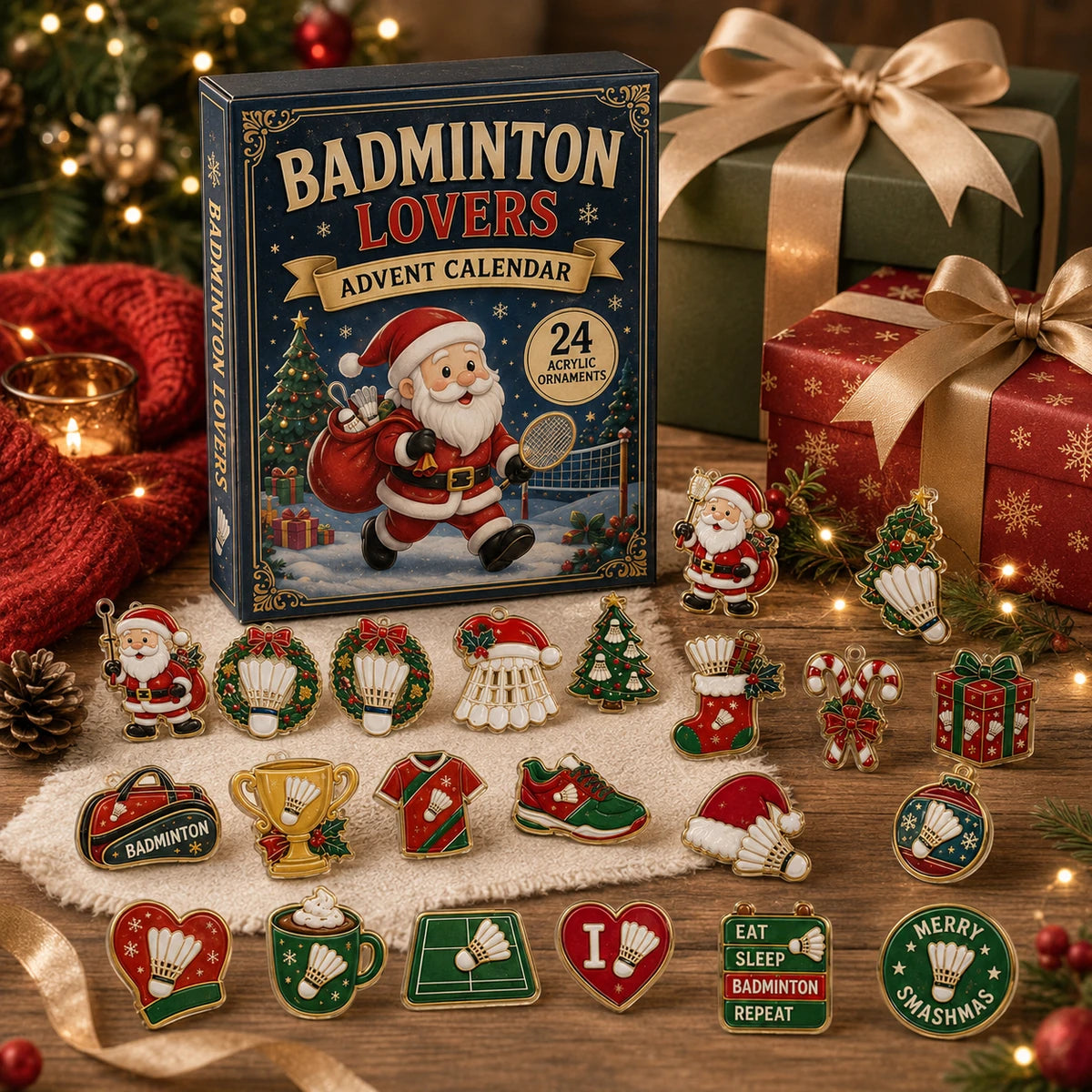 Badminton Lovers Advent Calendar styled beside wrapped Christmas gift boxes