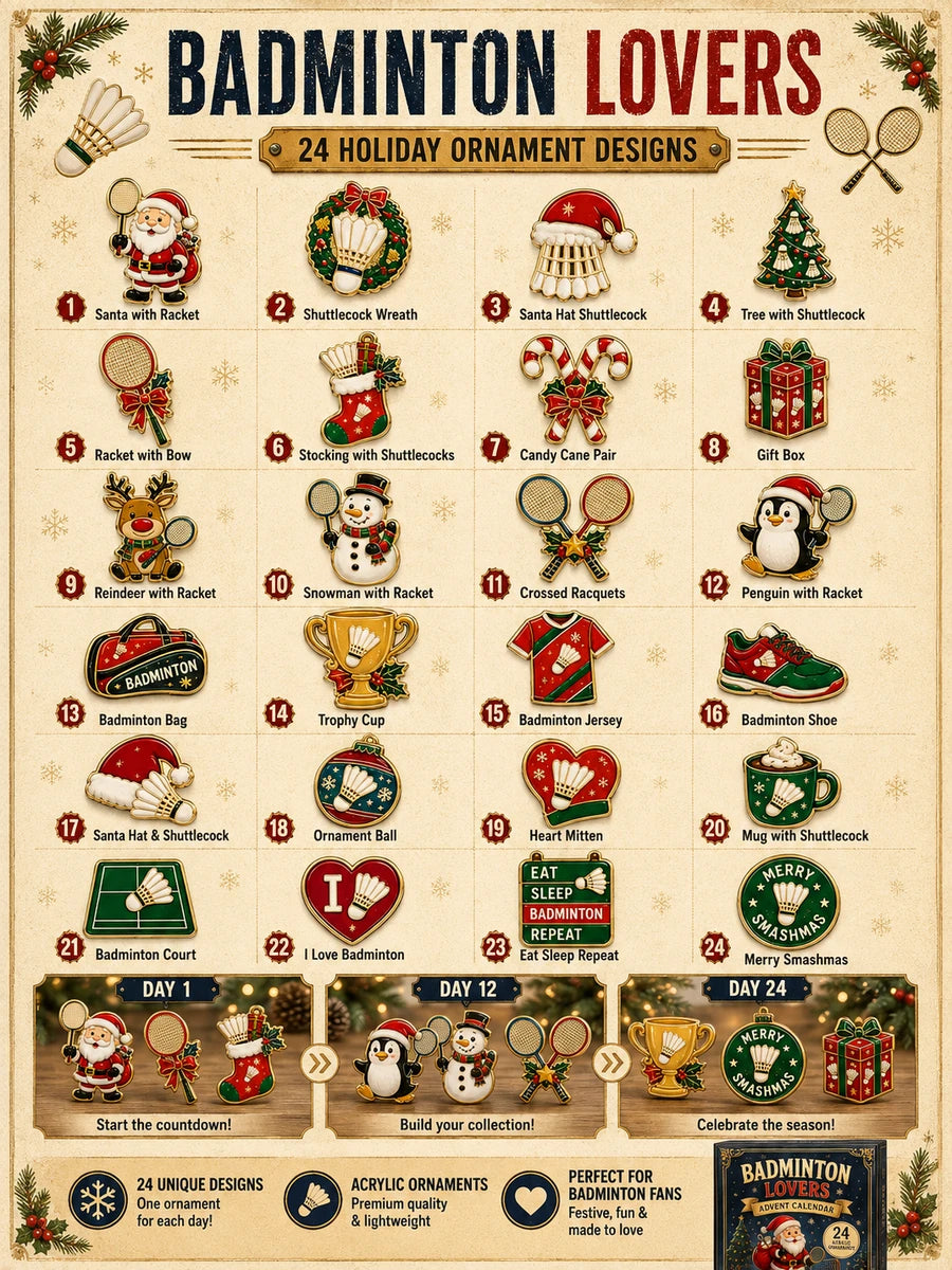 Guide poster showing all 24 Badminton Lovers Advent Calendar ornament designs
