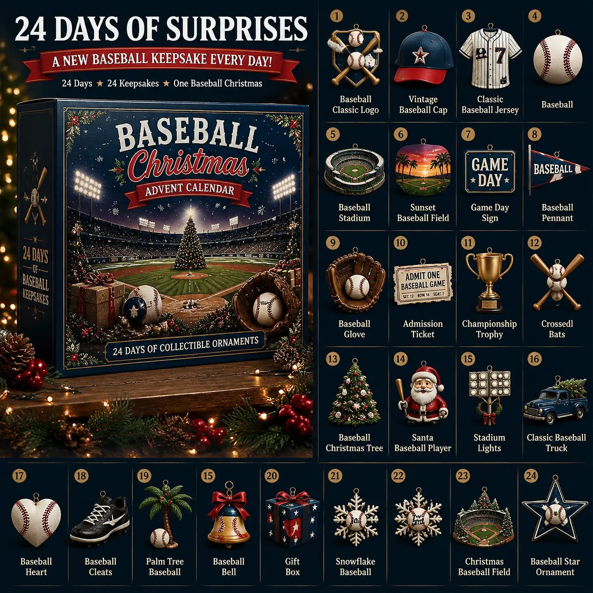 Guide showing all 24 baseball Christmas keepsakes
