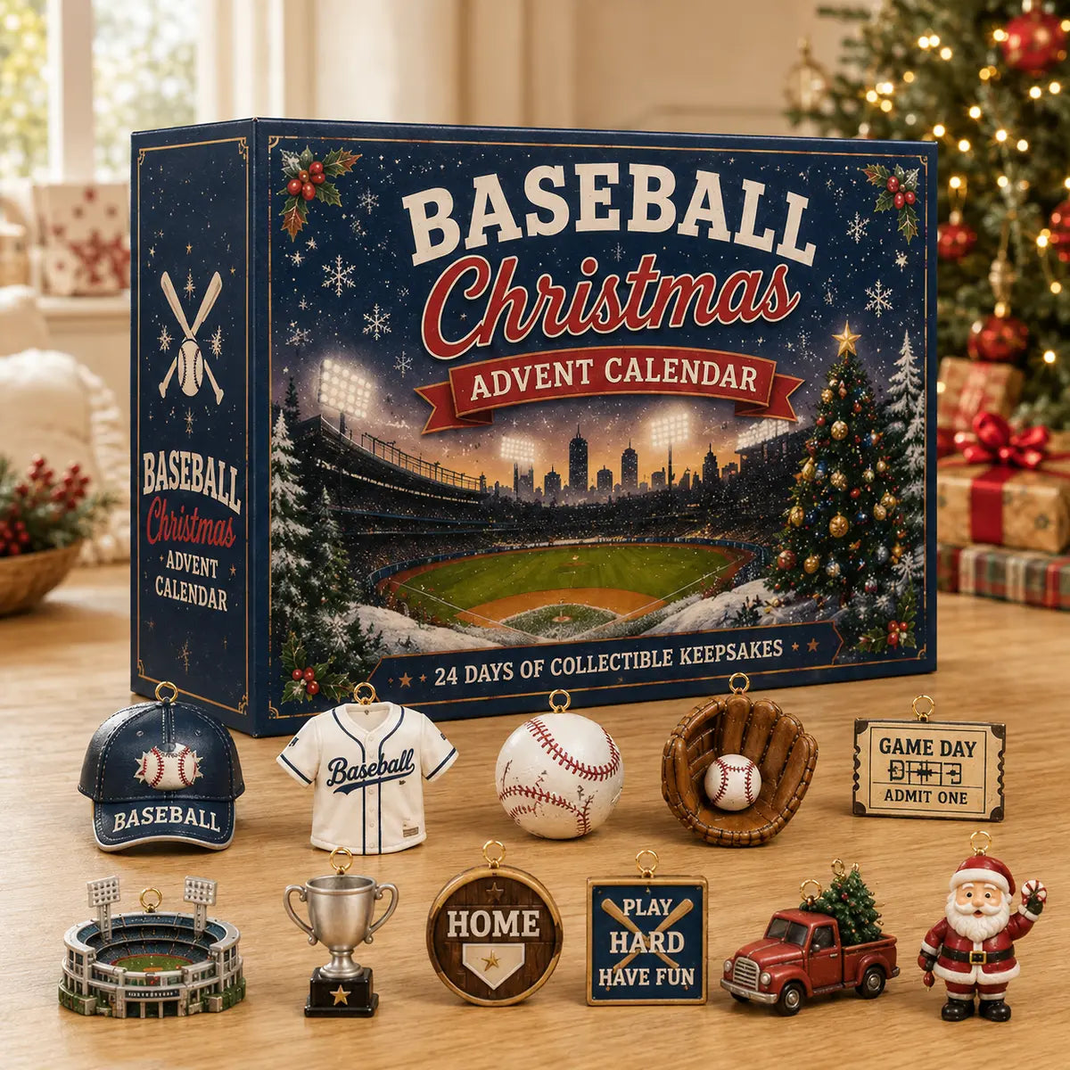 Baseball Christmas calendar and keepsakes displayed beside holiday gifts