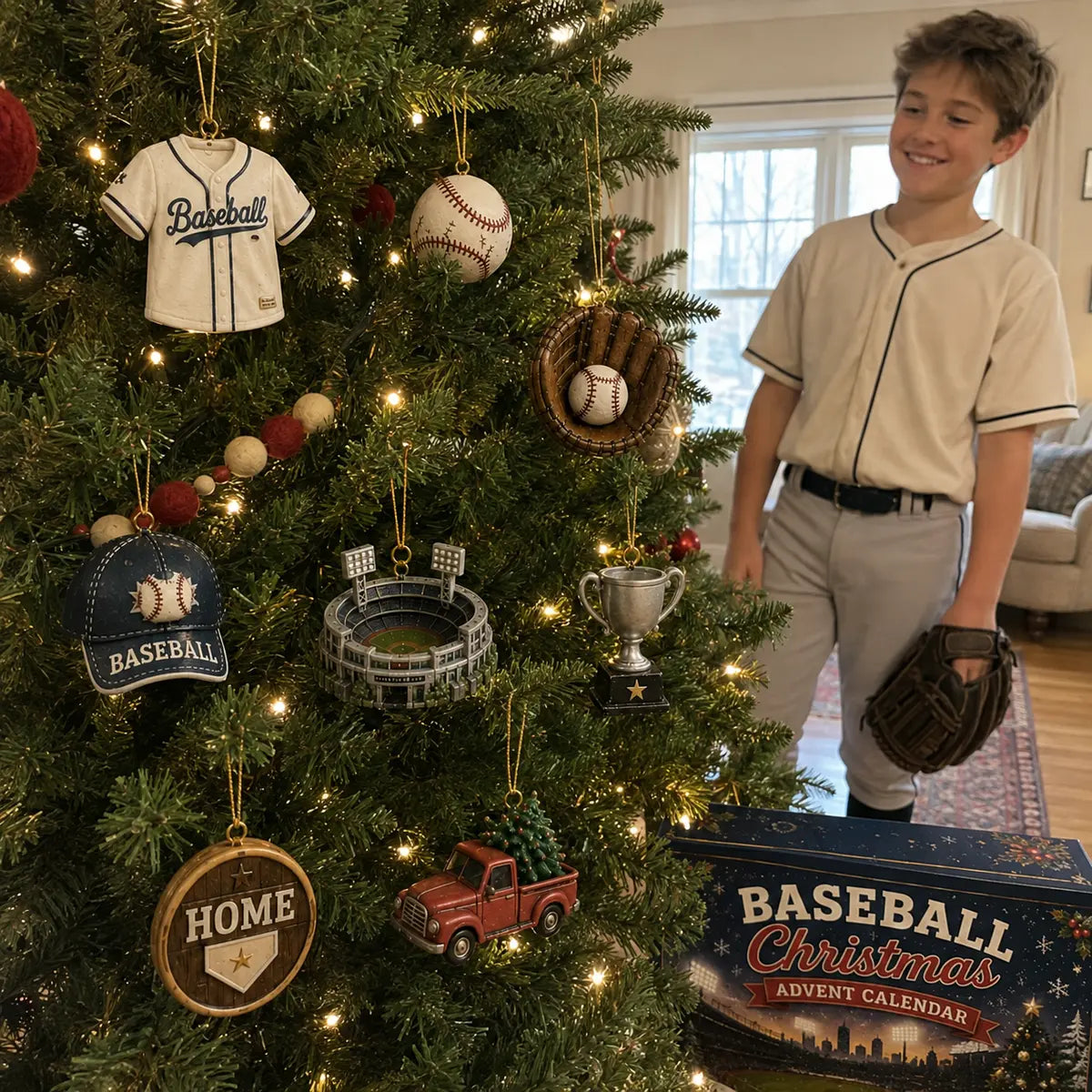 Baseball keepsake ornaments hanging on a family Christmas tree