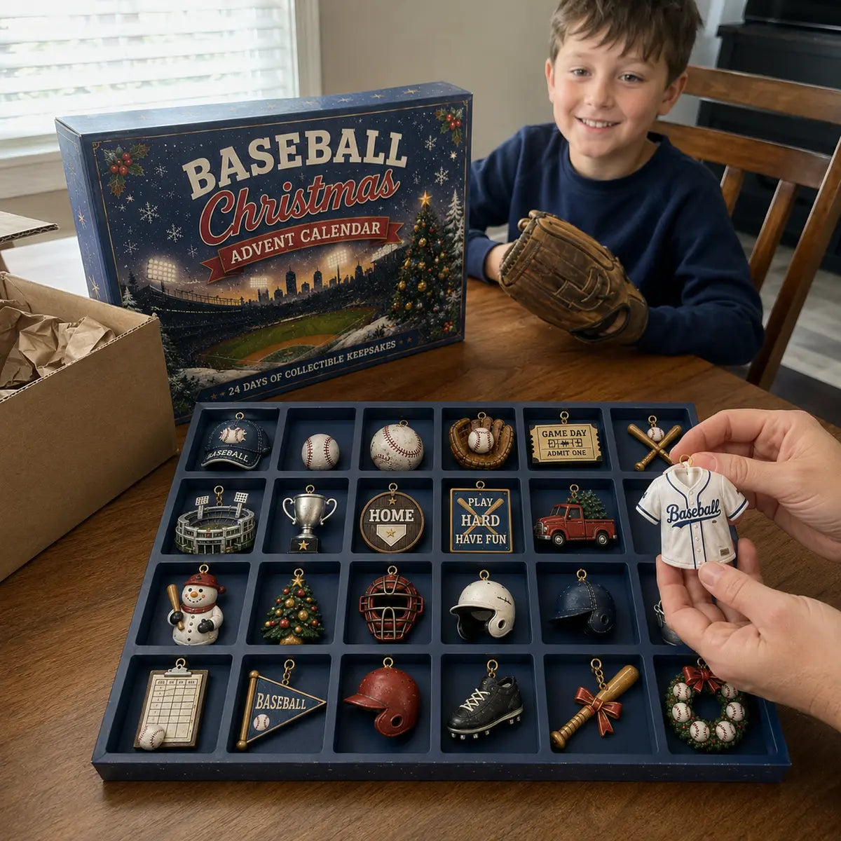 Child opening the Baseball Christmas Advent Calendar at home