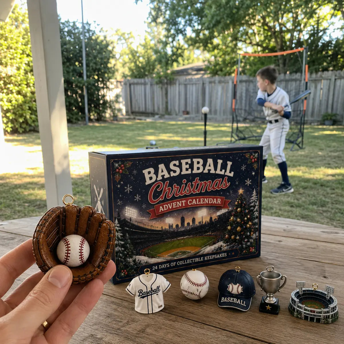 Baseball keepsake held near a young player practicing outdoors