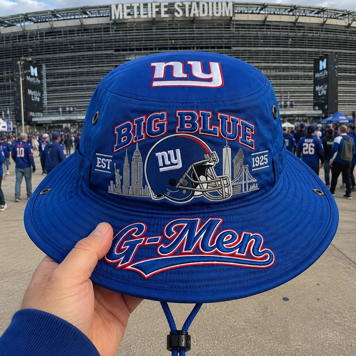 Blue football boonie hat held outside the stadium