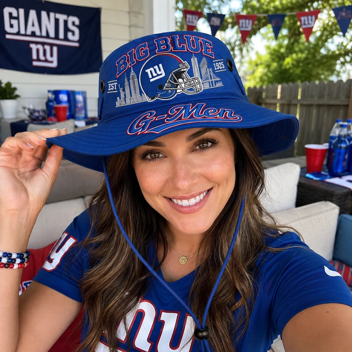 Woman wearing the blue football boonie hat in a tailgate setting