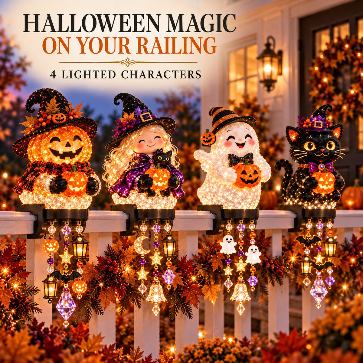 🎃 Halloween-Kaskadenlichter für Veranda & Geländer – Kürbis, Hexe, Geist & schwarze Katze