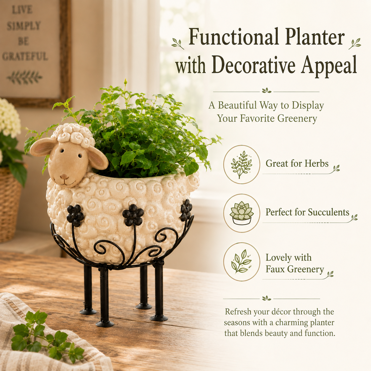 🐑✨Cute Farmhouse Sheep Planter with Iron Stand