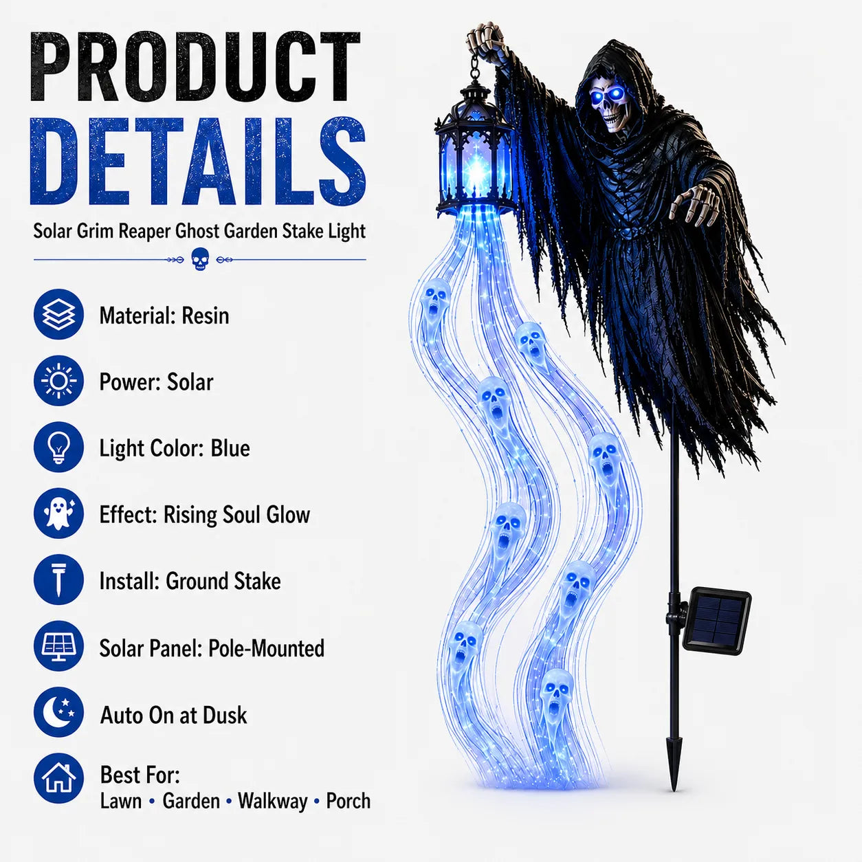 💀🔵 Solar Grim Reaper Yard Stake Light — Summon a Haunting Glow to Your Halloween Yard! 👻🏮