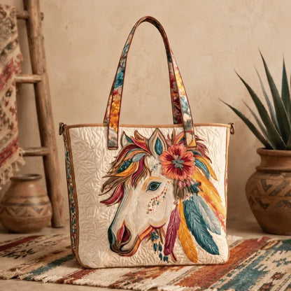 🐎Western Heritage Quilted Tote – Horse, Bison & Feather-Inspired Everyday Bag