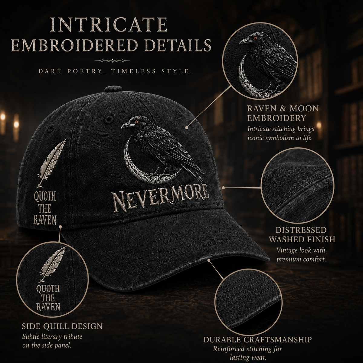 ⬛🐦Nevermore Raven Vintage Cap | Gothic Bird Lover Hat