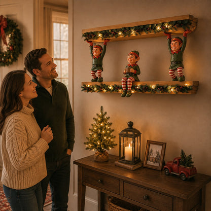 Free Shipping 🎄 Christmas Elf Shelf Décor – Whimsical 3-Elf Holiday Wall Display with Festive Garland, Pinecones & Berries