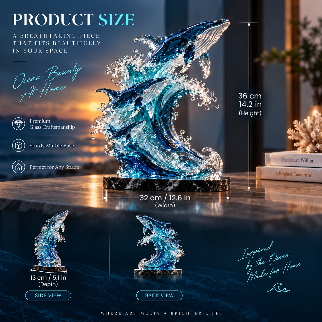 🐋 Becoming Ocean – Three Whales Rising from the Wave Glass Sculpture