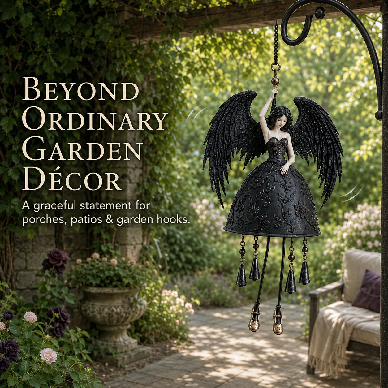 💜 Dark Angel Gothic Wind Chime – Enchanting Outdoor Garden Hanging Decor