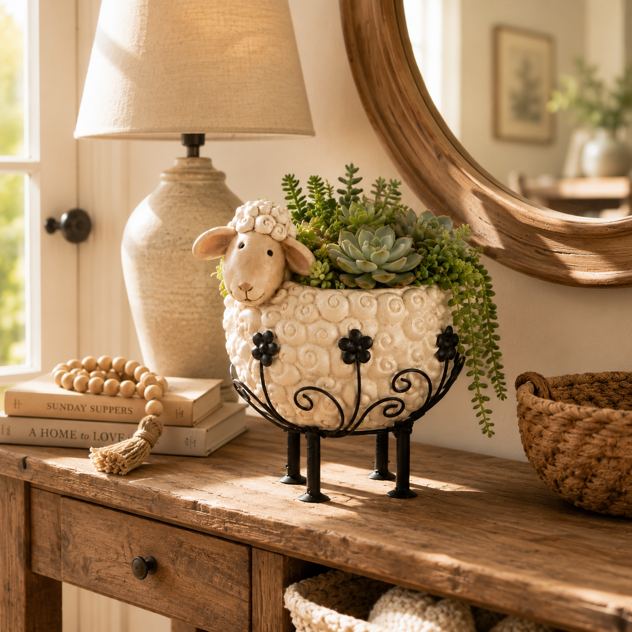 🐑✨Cute Farmhouse Sheep Planter with Iron Stand
