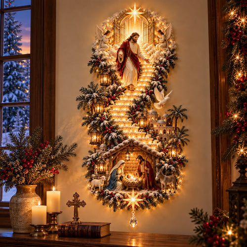 ✨ Jesus Light of Heaven Christmas Wall Hanging | Illuminated Nativity Stairway Decor ✝️