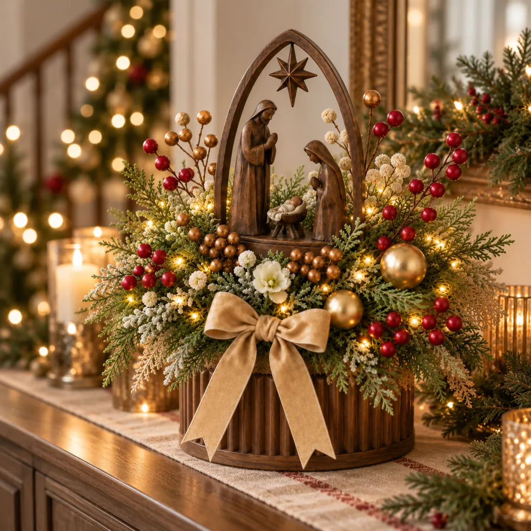 Christmas Nativity arrangement displayed on a wooden sideboard in a festive home