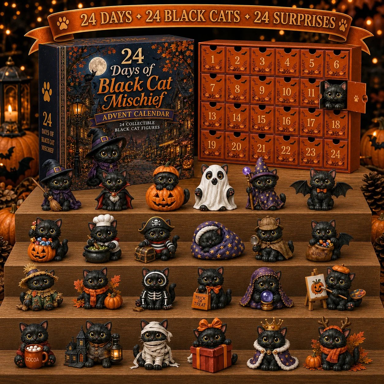 🐈‍⬛ 24 Days Of Black Cat Mischief Advent Calendar | 24 Unique Halloween Cat Collectibles with Witch, Vampire, Ghost, Pumpkin & More 🎃