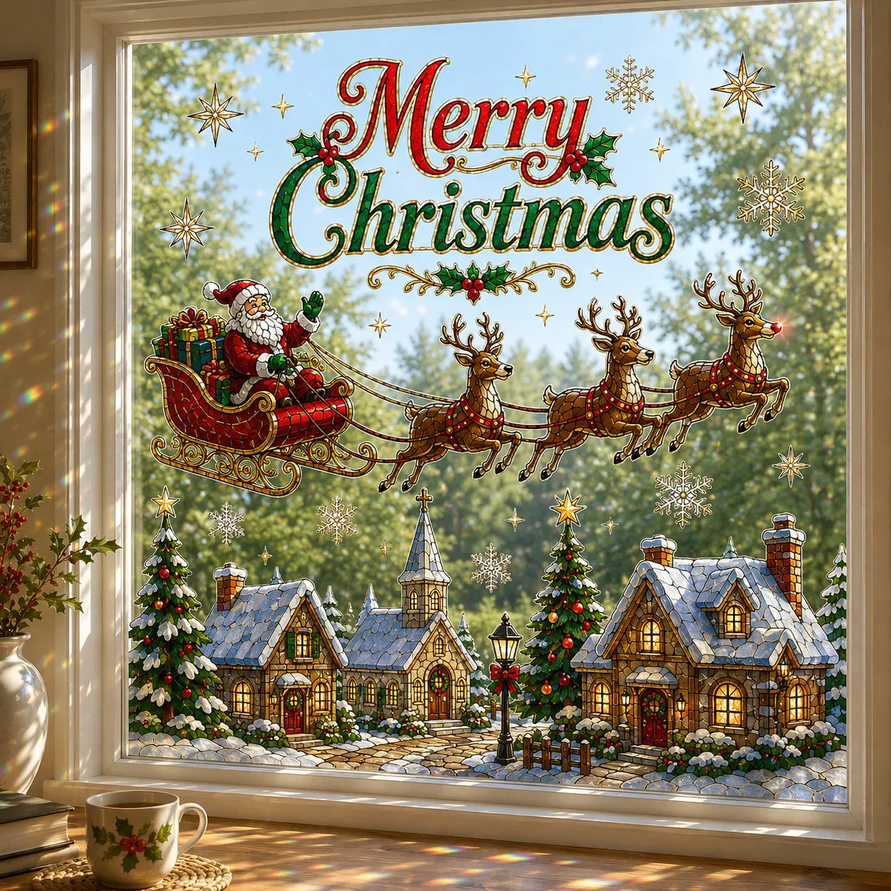 🎄🪟 Christmas Window Scene Decor – 28×28in Festive Snowman & Angel Holiday Art