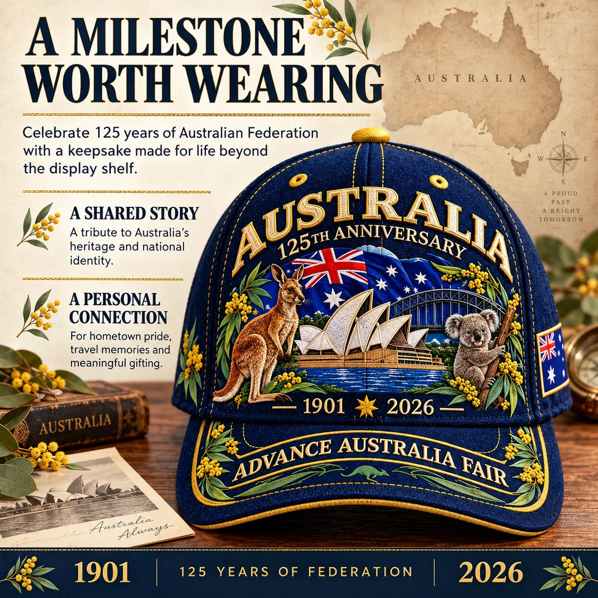 💝LAST DAY 49% OFF - 🦘 Australia 125th Anniversary 1901–2026 – Premium Embroidered Heritage Cap | Cotton-Poly Blend • Detailed Embroidery • Adjustable Fit 🇦🇺