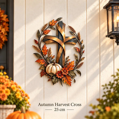 🍂 Autumn Harvest Cross Metal Wall Decor With White Pumpkin