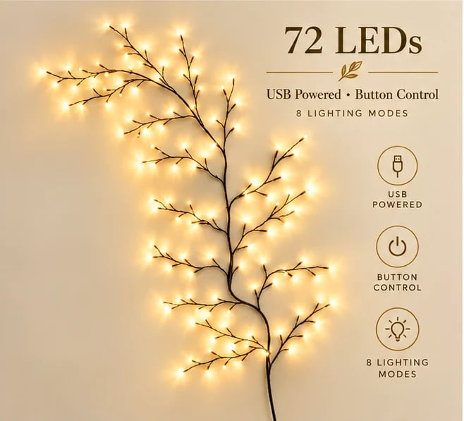 Christmas branch lights in living room dining room bedroom and entryway