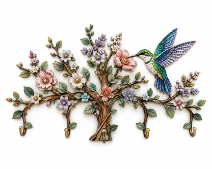 🌿 DIY Hummingbird Tree Wall Organizer Kit | 5‑Hook Wooden Wall Hanger, Botanical Art Decor for Entryway Home Craft Gift