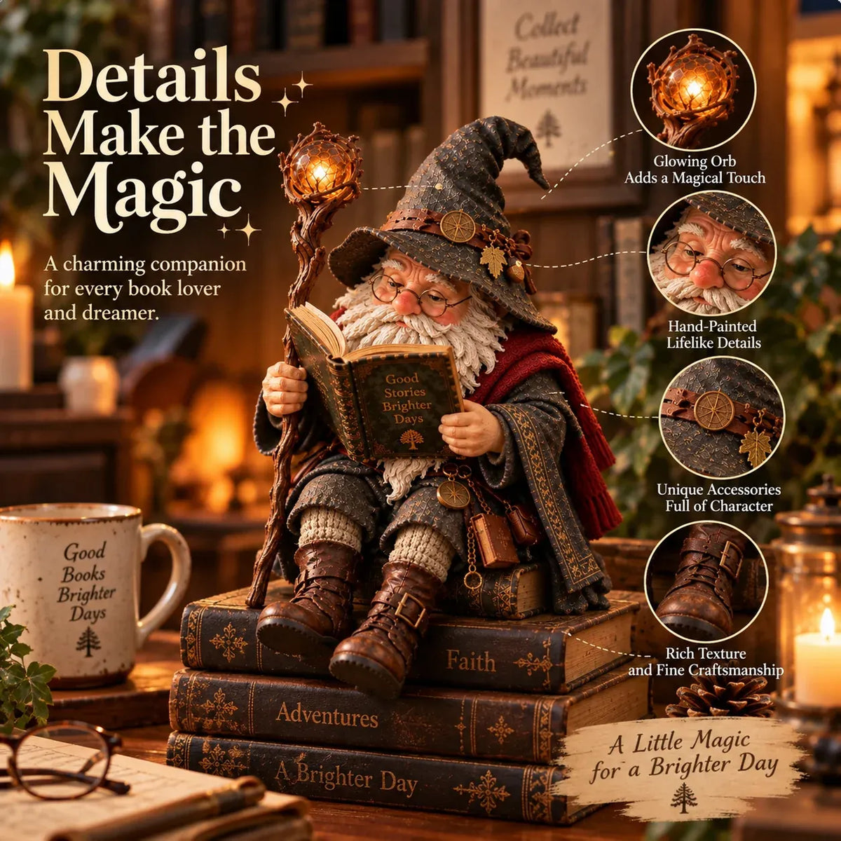 🧙‍♂️✨ Enchanted Book Lover Figurine – Whimsical Fantasy Reader Decor for Shelves, Desks & Cozy Reading Corners