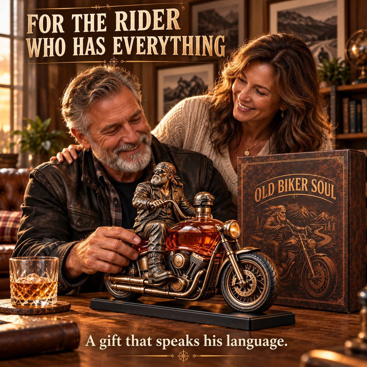 Couple gifting the Old Biker Soul decanter