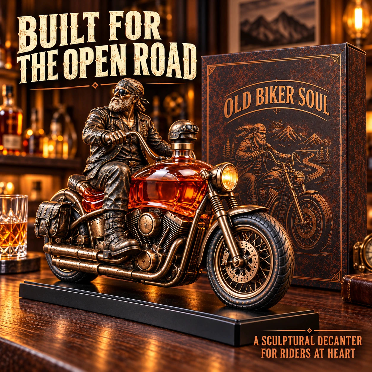 Close hero shot of the Old Biker Soul decanter and presentation box