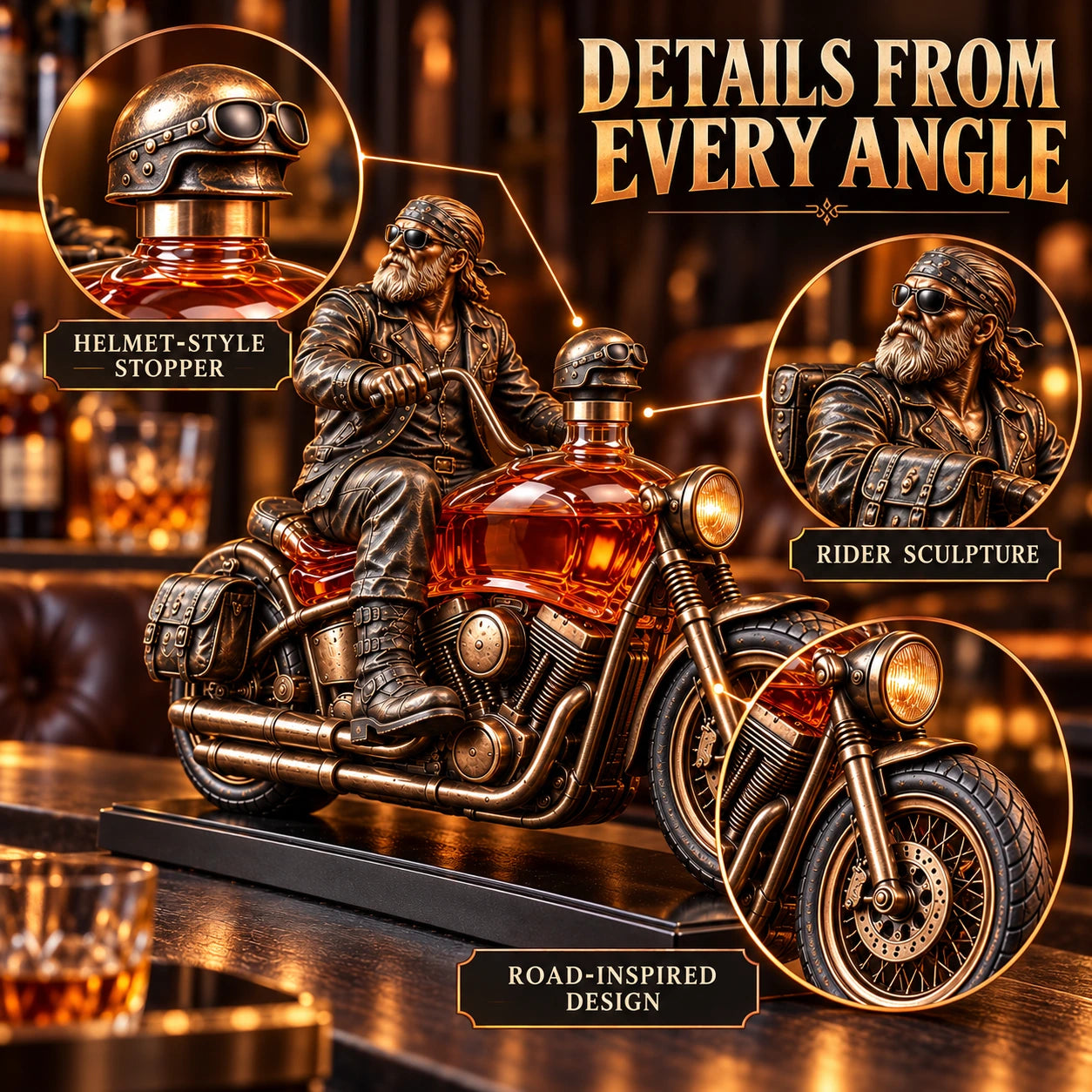 Detail callouts showing helmet-style stopper, rider sculpture, and motorcycle design