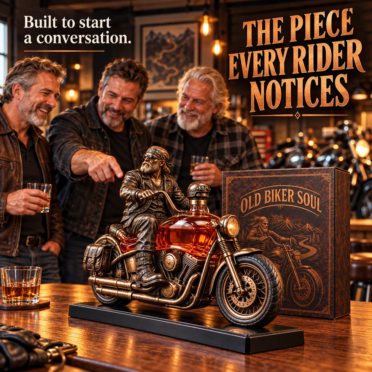 Group of men admiring the motorcycle decanter beside the branded gift box