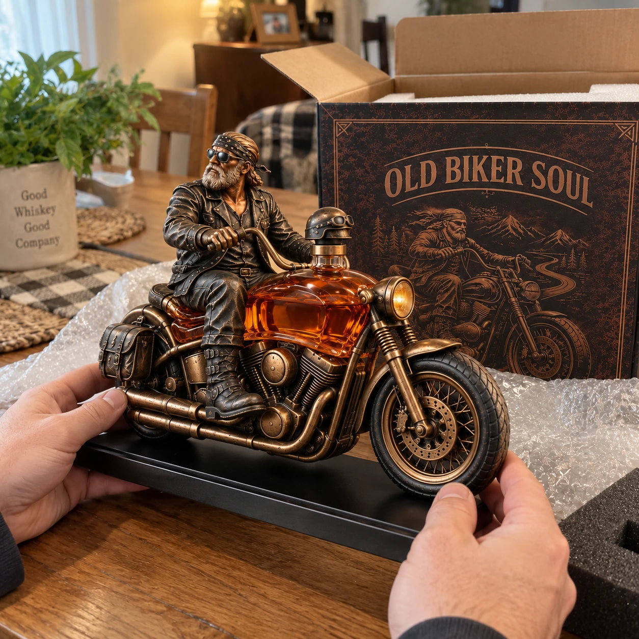 Customer-style photo showing the Old Biker Soul decanter
