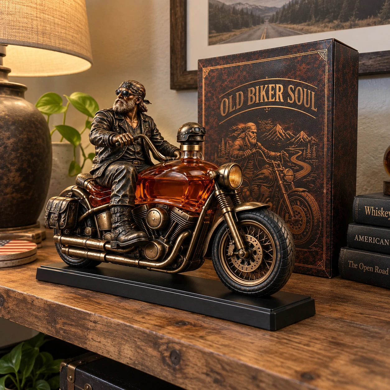 Customer-style photo showing the Old Biker Soul decanter