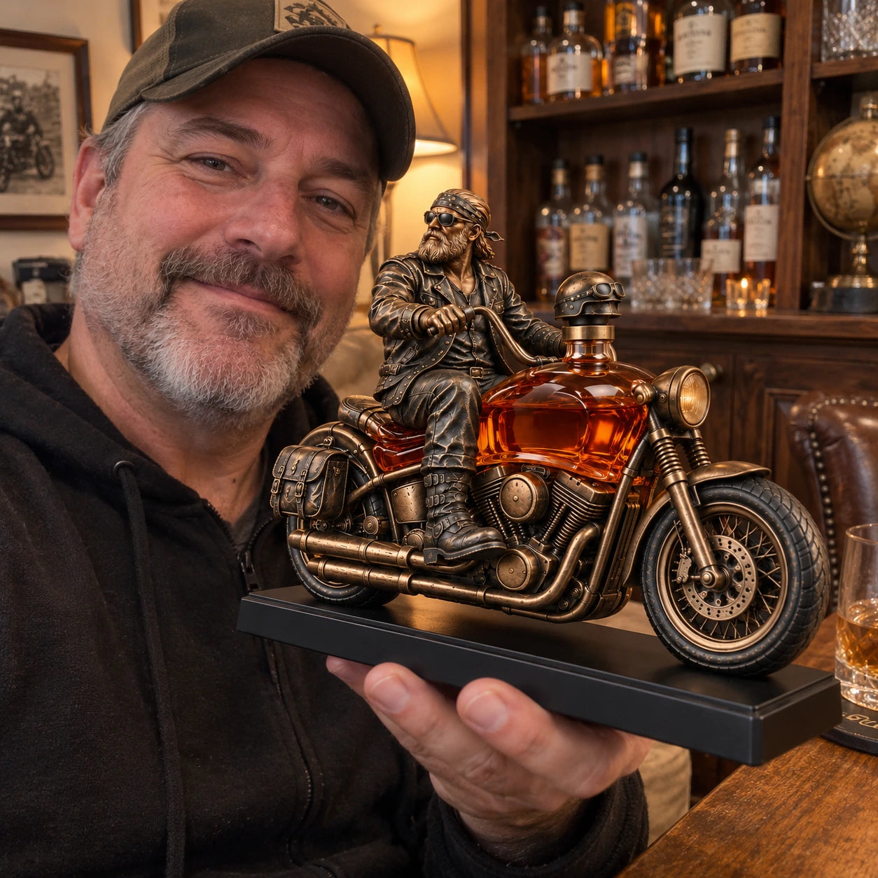 Customer-style photo showing the Old Biker Soul decanter