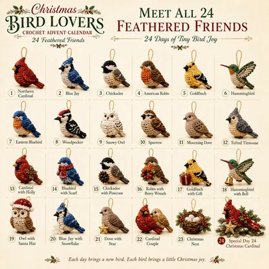 All 24 bird ornaments included in the crochet advent calendar