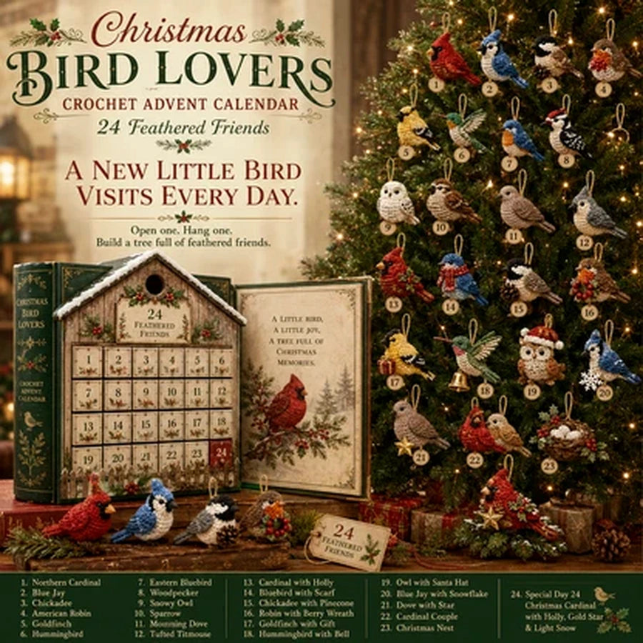 Christmas Bird Lovers Crochet Advent Calendar with 24 bird ornaments