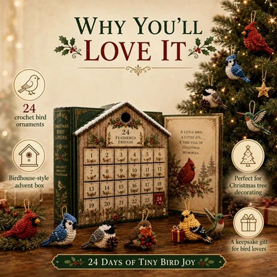 Crochet-style bird ornaments and birdhouse advent calendar display