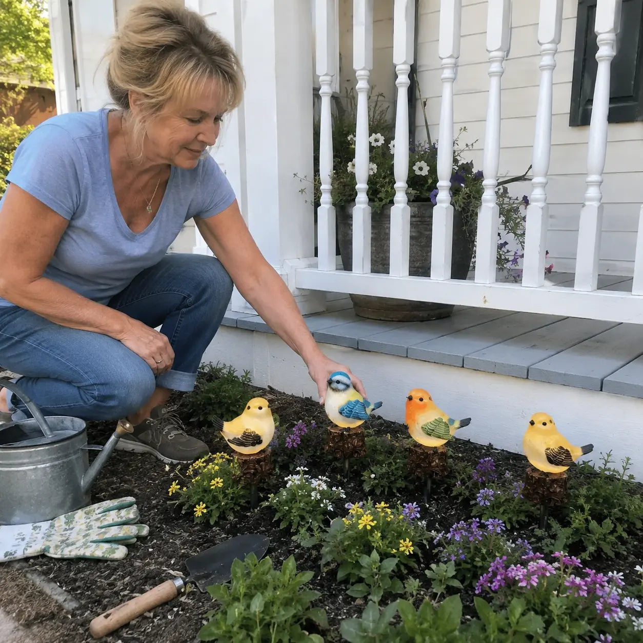 Customer arranging the four colorful bird stakes in a flower bed