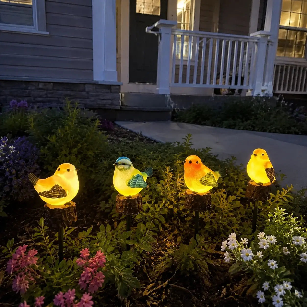 Customer photo of four bird stakes glowing warmly at night