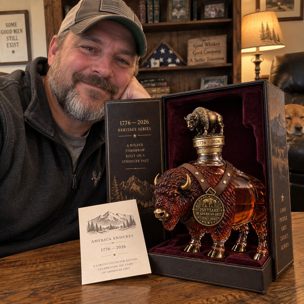 Customer-style home photo with American Bison Heritage Decanter