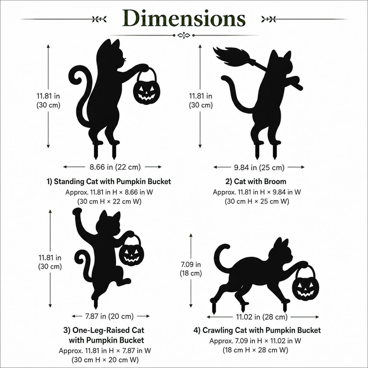 Dimensions of four black cat metal garden stakes