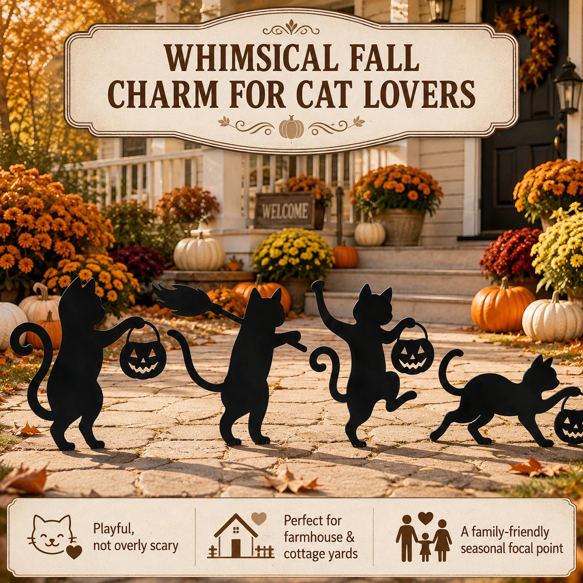 Whimsical fall cat garden stakes for cat lovers