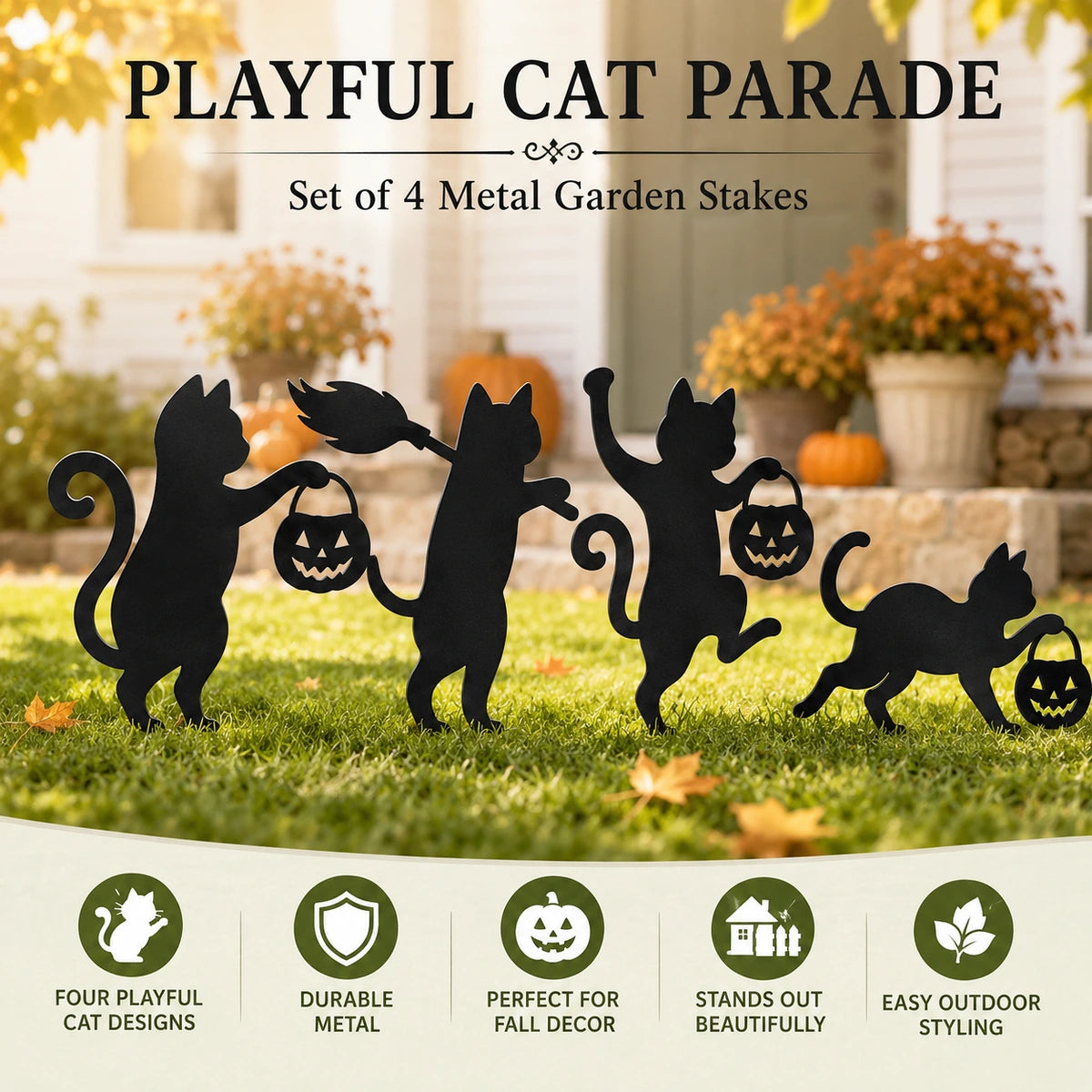 Playful Cat Parade set of four metal garden stakes