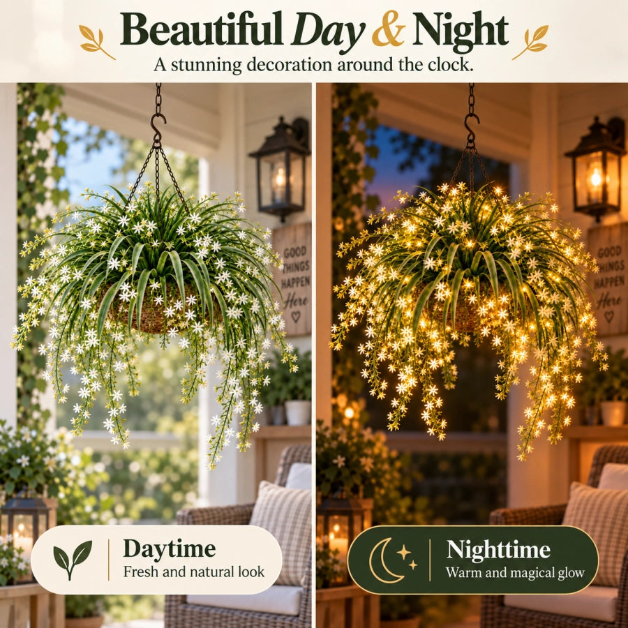 Day and night comparison of the Blooming Fairy Light Hanging Basket