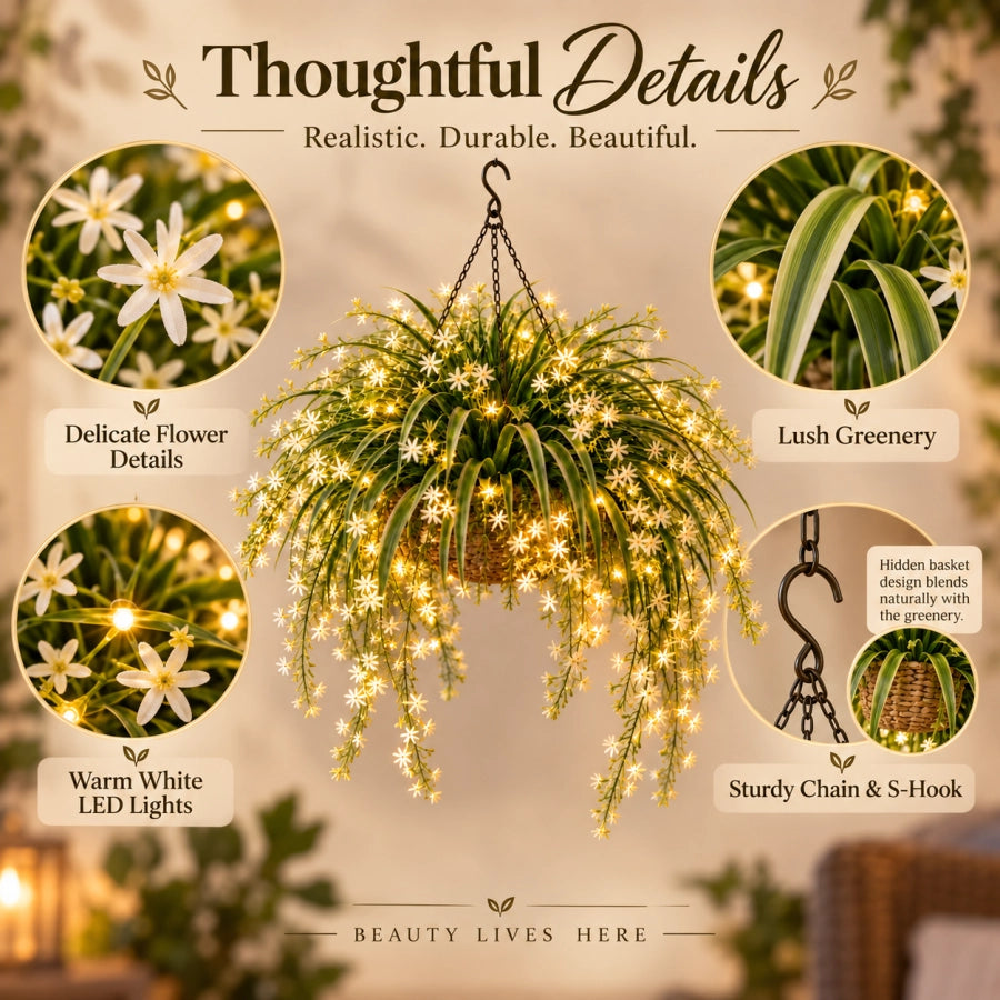 Detailed view of flowers, greenery, and chain on the hanging basket
