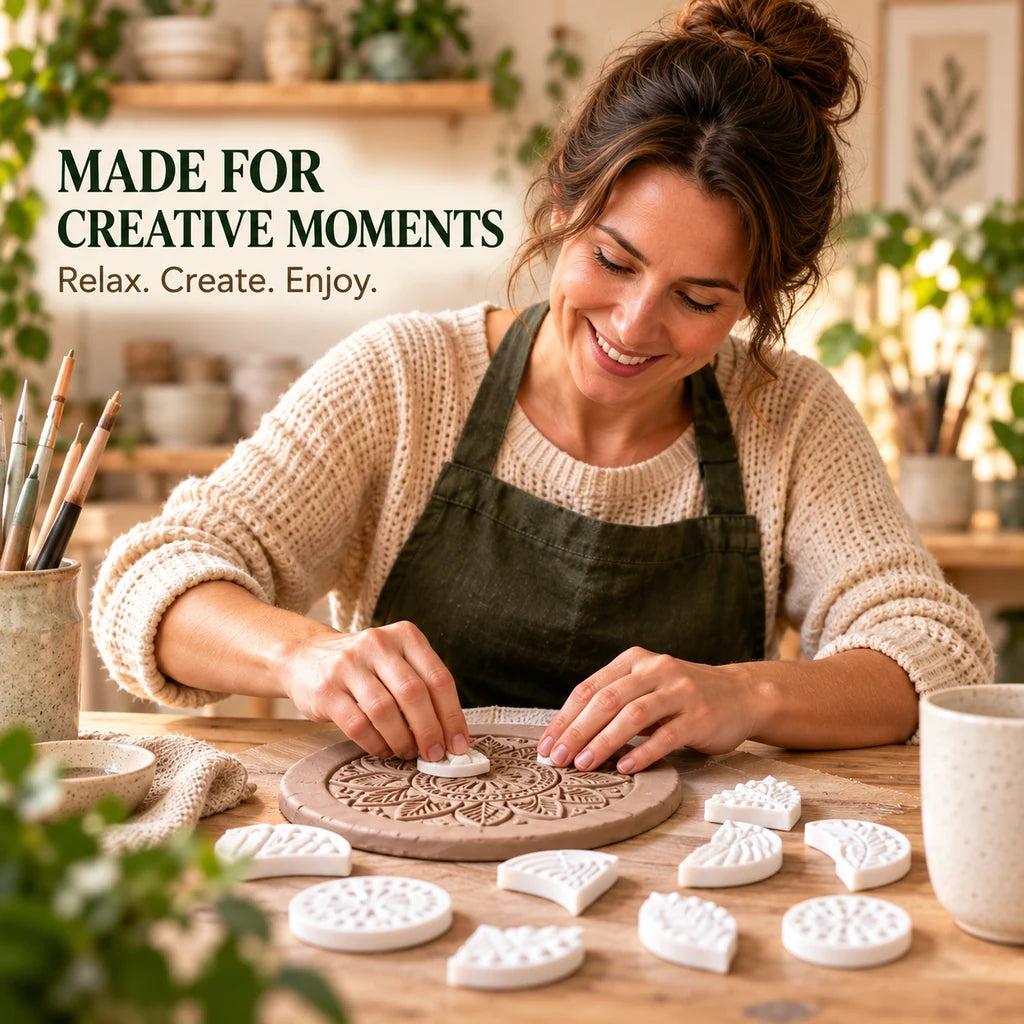 Maker using floral mosaic stamp pieces on clay